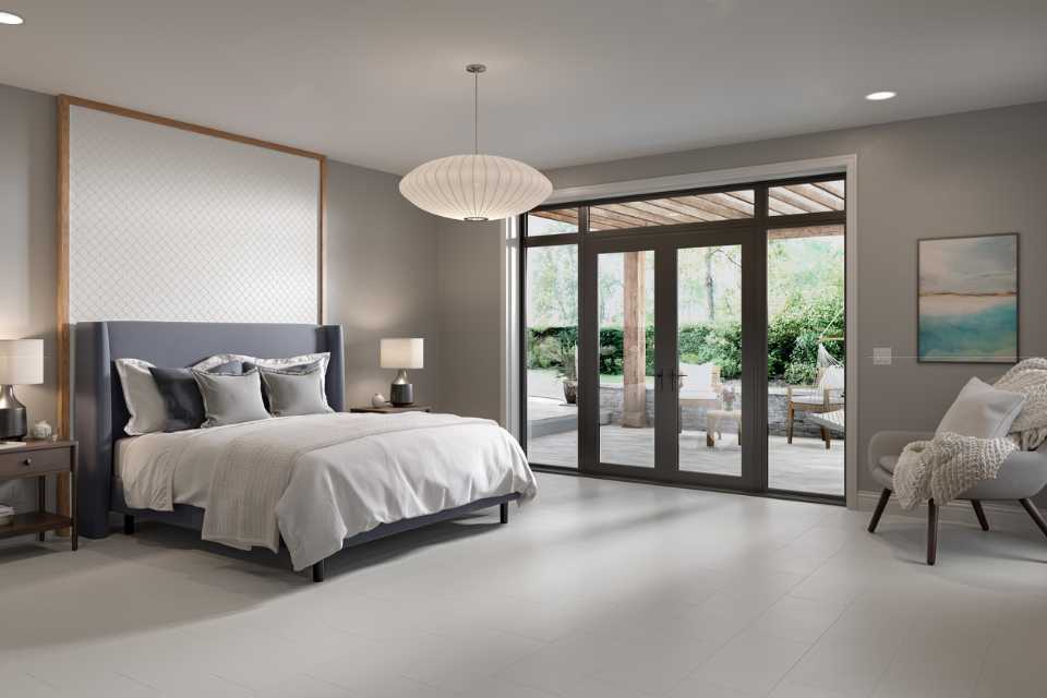 white tile in contemporary bedroom with gray walls and accent tile headboard